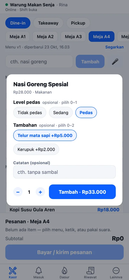 Pilihan menu: level pedas dan tambahan telur
