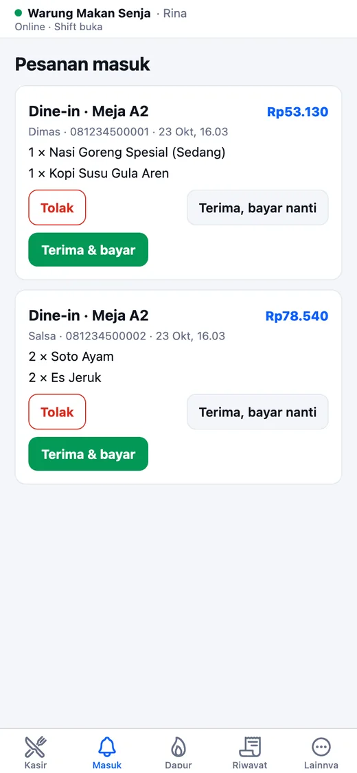 Tab Masuk di kasir: terima atau tolak pesanan