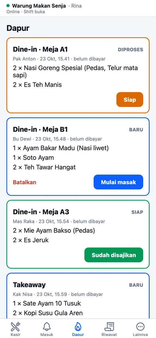 Layar dapur dengan status baru, diproses, dan siap