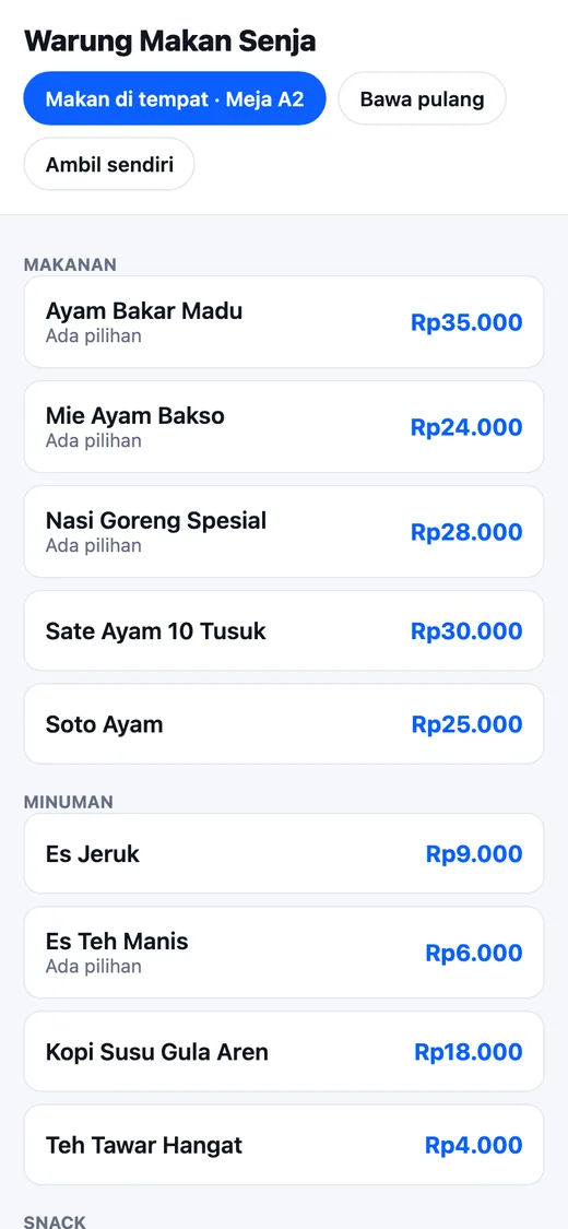 Menu untuk pelanggan setelah scan QR meja A2