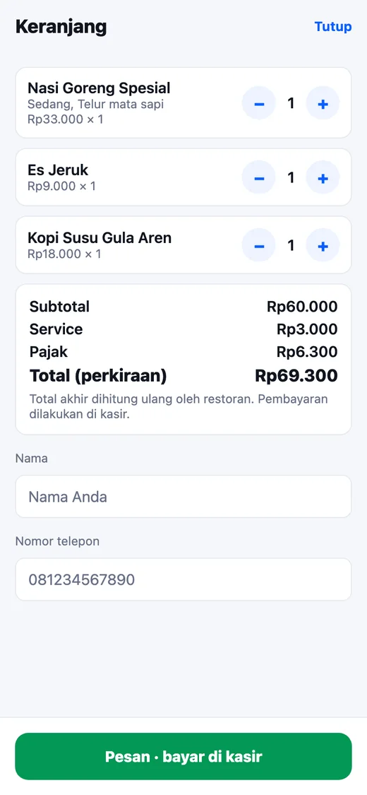 Keranjang pelanggan dengan nama dan nomor telepon