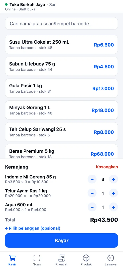 Kasir Retail: daftar produk dan keranjang