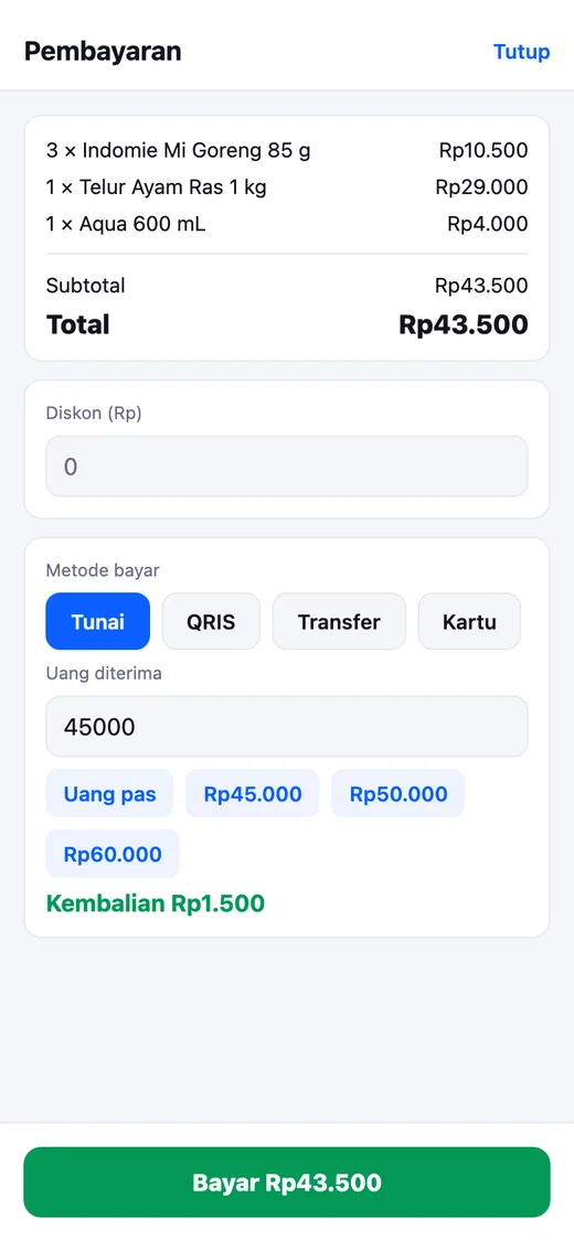 Layar pembayaran dengan uang diterima dan kembalian
