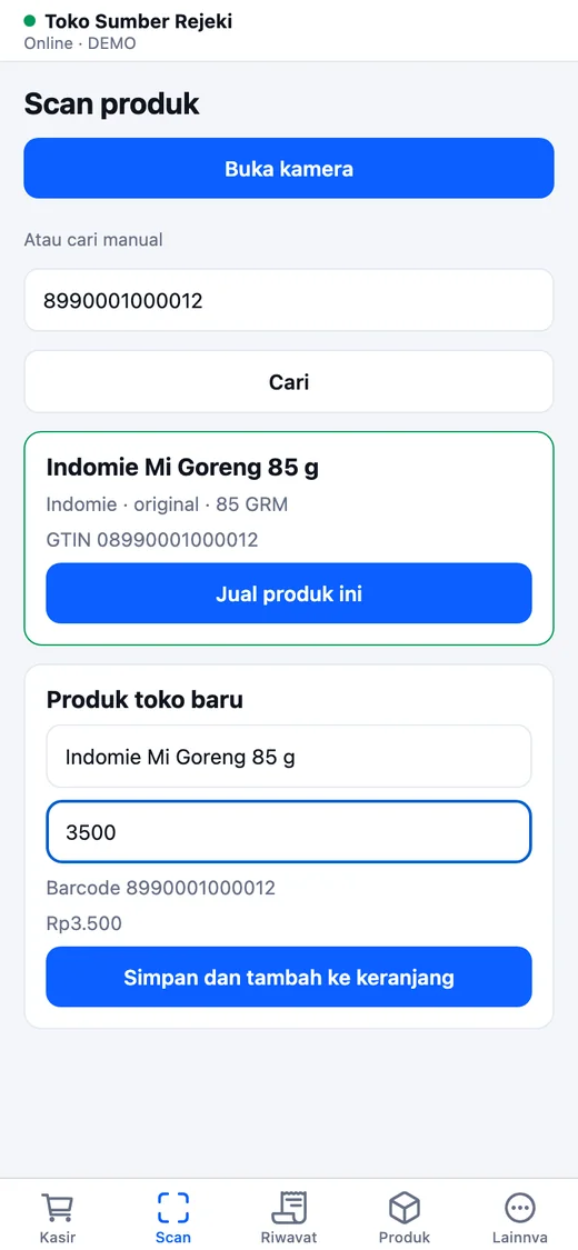 Formulir produk toko baru dengan nama terisi dan kolom harga jual