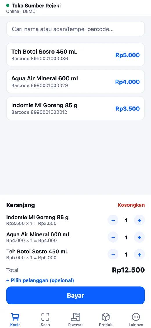 Kasir Smash POS Retail dengan tiga barang di keranjang, semuanya baru di-scan